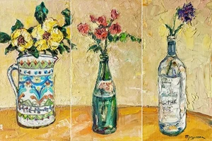 3in1 Floral Triptych Original Oil Painting on Canvas board Still Life textured - Picture 1 of 16