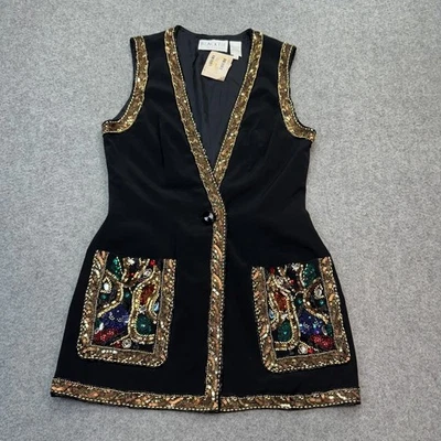 Chaleco de Colección Oleg Cassini Negro Corbata Cuentas Lentejuelas Para Mujer Talla 6 Nuevo Con Etiquetas Adornado Foto 1 de 4