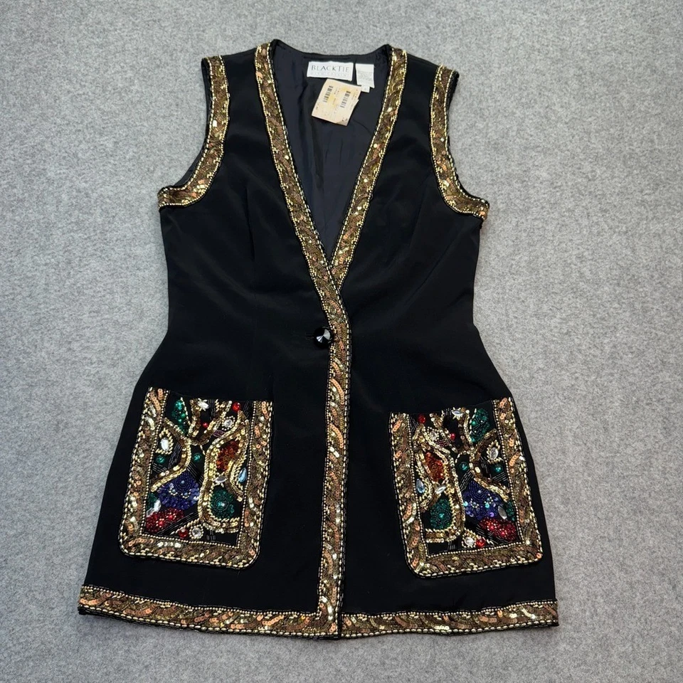 Chaleco de Colección Oleg Cassini Negro Corbata Cuentas Lentejuelas Para Mujer Talla 6 Nuevo Con Etiquetas Adornado Foto 1 de 4