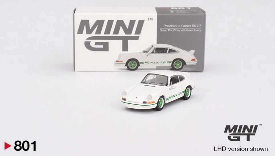 Mini GT MGT00801LHD Porsche 911 Carrera RS 2.7 Grand Prix White With Green Li...
