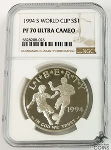 1994-S US $1 Silver Proof Coin WORLD CUP SOCCER/FOOTBALL NGC PF70 Ultra Cameo - Picture 1 of 4