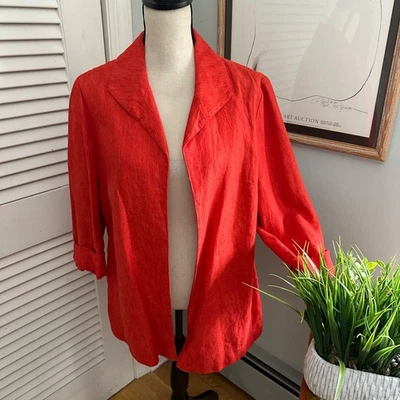 COLDWATER CREEK Womens Jacket 14P Coral Red Open Blazer Linen Lagenlook  - Image 1 of 4