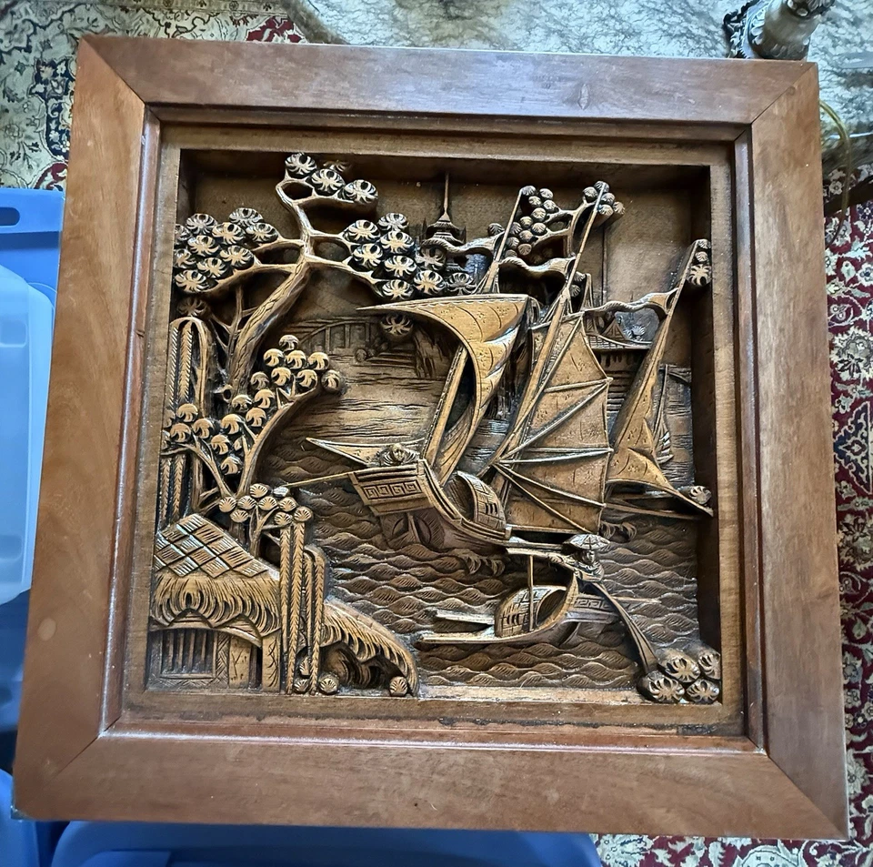 Juego de mesa vintage chino asiático tallado profundo marrón. Juego de madera tallada a mano vintage Foto 1 de 4