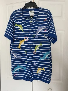 The Quacker Factory sweater Size 1X Blue Stripes Delphines Ocean Summer - Picture 1 of 7