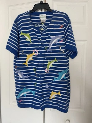 The Quacker Factory sweater Size 1X Blue Stripes Delphines Ocean Summer - Image 1 of 4