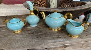 Teiere vintage Acme artigianali blu opalescente lustro crema zucchero bordo oro 22k - Foto 1 di 16