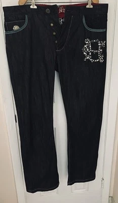 Pantalones de mezclilla holgados con soporte de corona Y2K negros para hombre 40x34 ropa de calle (faltan 4 tachuelas) Foto 1 de 4