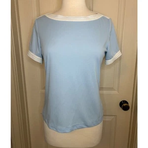Vintage Top SS U-Boot Ausschnitt Bluse Wm Größe L Lt blau weiß Borte Union Made in USA - Bild 1 von 11