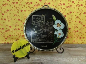 VTG Mid Century Utah Map & Sego Lilly Flower Souvenir Serving Tray 11" Diameter - Picture 1 of 7