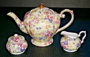 Arthur Wood Tea Pot E&R matching Golden Crown Sugar Bowl Creamer Chintz England - Picture 1 of 14