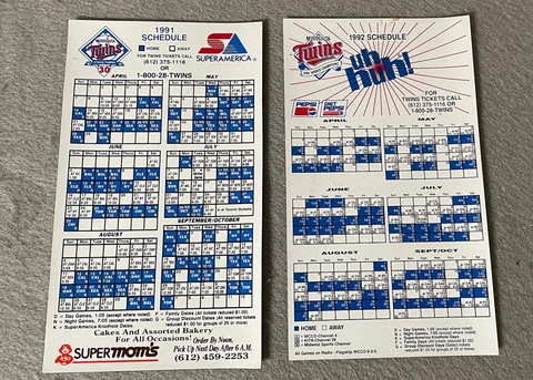 Minnesota Twins 1991 and 1992 Game Schedule Refrigerator Magnets Rare Cover