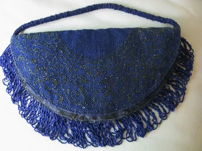 Antique Victorian Cobalt Blue Charcoal Grey Micro Bead Fringe Clutch Purse - Image 1 of 4