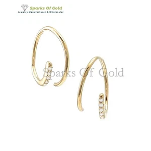 0.03 Ct Natural Diamond Threader Hoop Earrings 14k Solid Gold Handmade Jewelry - Picture 1 of 3