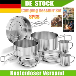 8x Camping Kochgeschirr Edelstahl Outdoor Koch Set Campinggeschirr TöpfPfanne - Bild 1 von 13