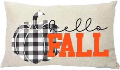 Funda de almohada cuadrada de calabaza a cuadros blanco y negro Hello Fall 12" x 20" Foto 1 de 2