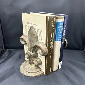 Rustic French Fleur-de-Lis Set of 2 Cast Iron 7” Book Ends Decor Verdigris - Picture 1 of 6