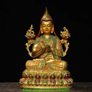 8.6"Old Tibet Copper Gilt Painting Je Tsongkhapa Tsong-Kha-Pa Lama Buddha Statue - Picture 1 of 9