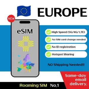 Europe 33 Countries Travel eSIM - 3 to 10 Days - Unlimited, 5G - Picture 1 of 6