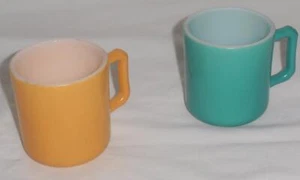Vintage Hazel Atlas Milk Glass Cup Mug 1 Teal 1 Orange 3" D Handle Child Size - Picture 1 of 4