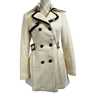 BEBE Cream Wool Blend Double Breasted Trench Coat Black Leather Trim Small - Bild 1 von 9