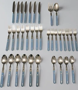 VINTAGE Lifetime Denim Blue STAINLESS steel Flatware. Set Of 35- MCM - Korea - Picture 1 of 12