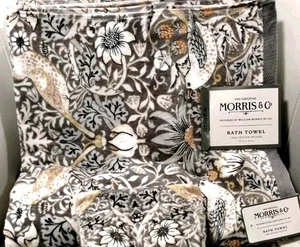 William Morris 4 STRAWBERRY THIEF BATH TOWELS Luxury Velour Clay Gray Bird NEW - Picture 1 of 22