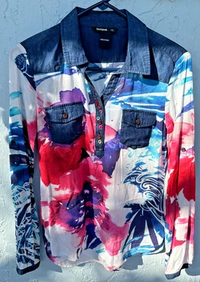 Desigual Women's Colorful Floral Print Blouse with Denim Accents XS - Image 1 of 4