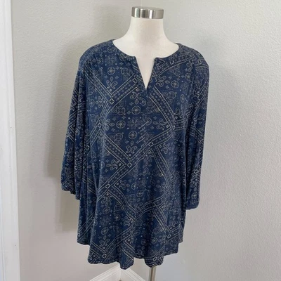 Lucky Brand 女式 Plus 3X 束腰上衣 3/4 袖 V 领衬衫波西米亚 — 第 1/4 张图片