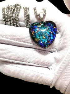 Blue Fire Resin Opal Heart Pendant on Stainless-Steel Chain with Magnetic Clasp - Picture 1 of 3