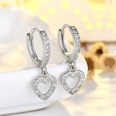 925 Sterling Silver Heart Crystal CZ Dangle/Drop Hoop Huggie Earrings Women Gift - Image 1 of 4