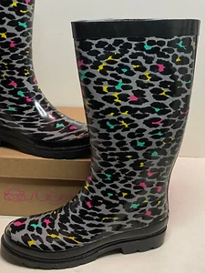 Sugar Leopard Multi Colored Slip on waterproof Rain Farm Boots Women's size 7 - Picture 1 of 3