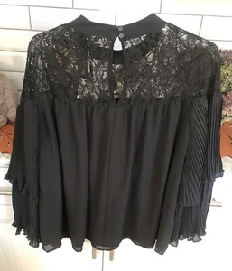 Good Luck Gem 2X Plus Black Blouse L/S Lace Yoke Tiered Tiered L/S Top Poly NWT - Picture 1 of 23