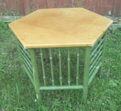 VINTAGE MID CENTURY 6 SIDED BAMBOO TABLE WITH LEATHER TOP - Image 1 of 4