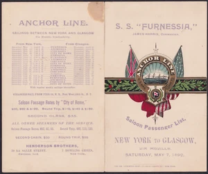 SS FURNESSIA Anchor Line May 7 1892, NY-Glasgow Cabin Passenger List; scans - Bild 1 von 2