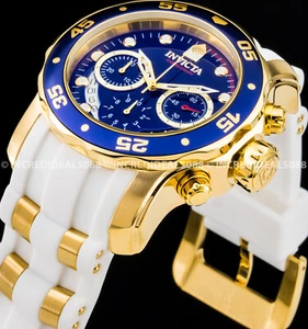 Invicta Mens Pro Diver SCUBA Chronograph 18K Gold Blue Dial White SS Strap Watch - Picture 1 of 9