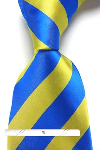 Nueva Corbata Clásica Rayas Azul Amarillo JACQUARD TEJIDA 100% Seda Para Hombre - Imagen 1 de 6