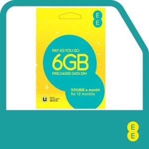 EE Pay as You Go Data Sim wstępnie załadowana 6 GB - 500mb miesięcznie przez 12 miesięcy - Zdjęcie 1 z 4