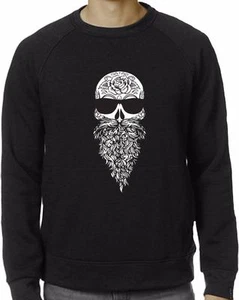 NW MEN'S PRINTED SKULL BEARD FUNNY ROCK&ROLL HIPSTER FLEECE LONG SLEEVE T-SHIRT - Picture 1 of 7