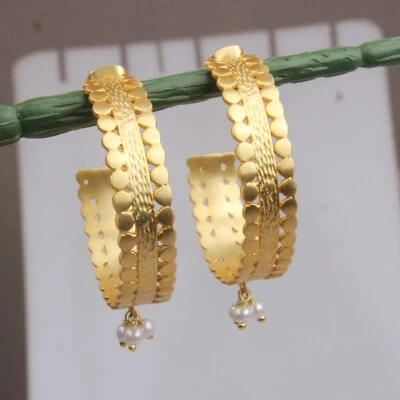 Handmade Brass Hoop Earrings 18k Gold Plated Traditional Pearl Earrings Jewelry - image 1 of 4