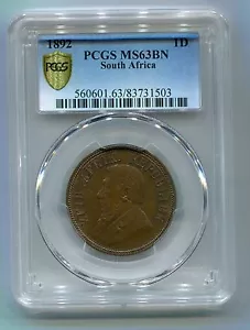 South Africa ZAR PCGS Graded 1892 Kruger Penny MS 63 BN Scarce in this Grade - Picture 1 of 4