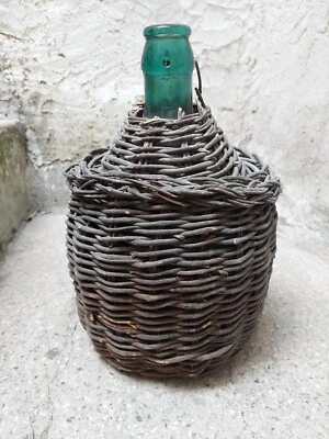 Antico fiasco bottiglione damigiana vetro impagliato in vimini - inizi 1900 - Immagine 1 di 4