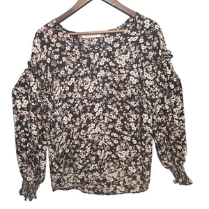 Vine & Love Floral Blouse Long Sleeve Ruffle Details Black Boho Top Size L? - Picture 1 of 9