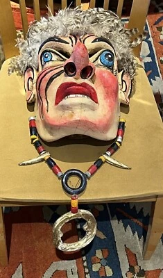 RARE HAND -MADE MASK W/NECKLACE & FEATHER HAIR GORGEOUS DETAILS  - Image 1 of 4