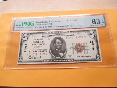 1929 $5 WOODBINE, NJ THE WOODBINE NATIONAL BANK WOODBINE,NJ GRADED BY PMG 63EPQ - Image 1 of 4