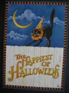 UNUSED greeting card Mary Engelbreit HALLOWEEN Black Cat On Fence In Moonlight - Picture 1 of 6
