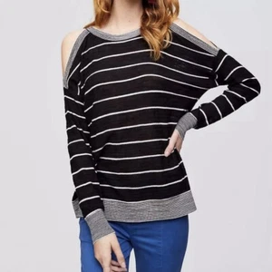 Loft Cold Shoulder Sweater Womans Size Medium Black White Striped - Picture 1 of 7
