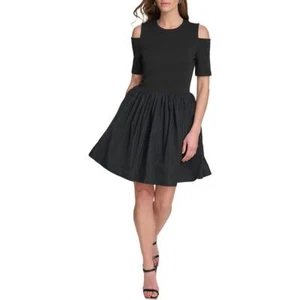 DKNY Womens Black Mini Cold Shoulder Mixed Media Fit & Flare Dress 2 BHFO 0627 - Picture 1 of 2