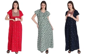 Indian Night Wear Gown Women Cotton Floral Printed Embroidered Nightwear Nighty - Picture 1 of 19