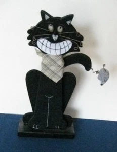 Primitive Folk Art Halloween Black Cat Shelf Sitter Wood Felt Fabric Hand Painte - Imagen 1 de 5
