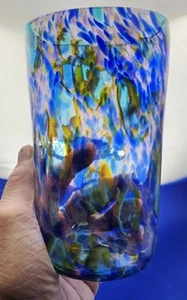 Fantastic Artist Signed Multicolored Hand Blown Tumbler Blue Yellow Aqua - Picture 1 of 5